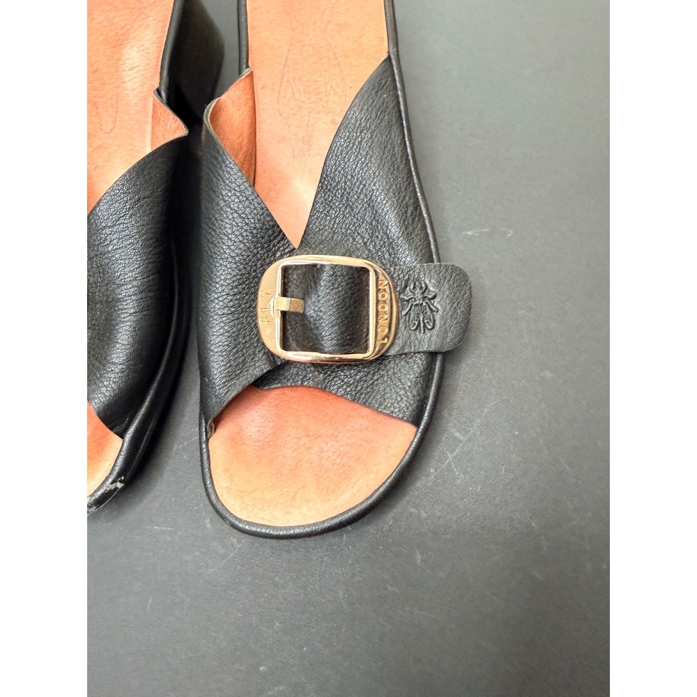 FLY London Elax Leather Mules Sandals Women's Buckle‎ Detail Black Open Toe 7 - Picture 2 of 11